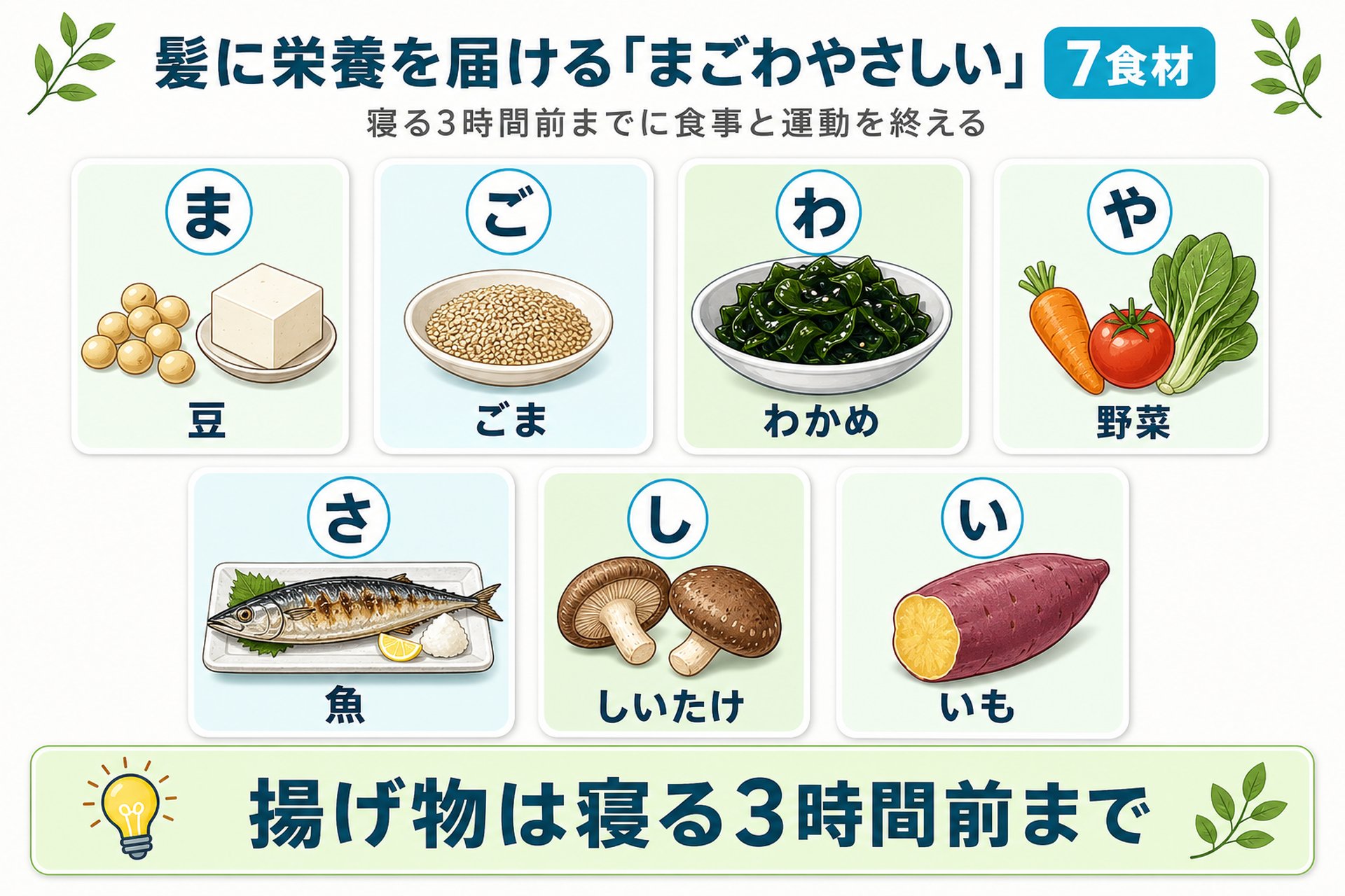 【寝る3時間前】食事と運動を終えてまごわやさしいを意識する